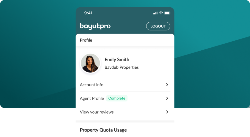 Image banner showing a completed agent profile notification on BayutPro